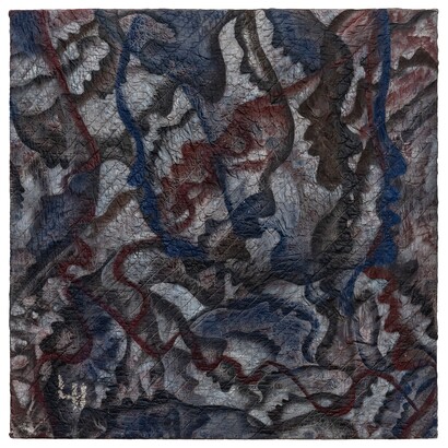 Lonnie Holley
Freedom in the Cemetery, 2022
Acrylic, gesso, oil stick, and spray paint on quilted fabric over wood panel
48⅜ x 48⅞ x 2 inches. Courtesy of the artist and March Gallery