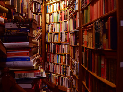 Livres sur une étagère en bois brun, à la Librairie de l’Abbaye et Rue de la Parcheminerie à Paris, France