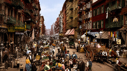 Mulberry Street bustling with life in New York City's Little Italy, where immigrant families, market vendors, and local businesses shaped one of the most vibrant Italian-American communities in the United States