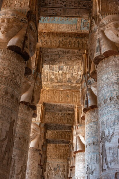 Ancient hieroglyphs and monumental carvings inside the Dendera Temple in Egypt, reflecting the power of design to preserve law, belief, and collective memory