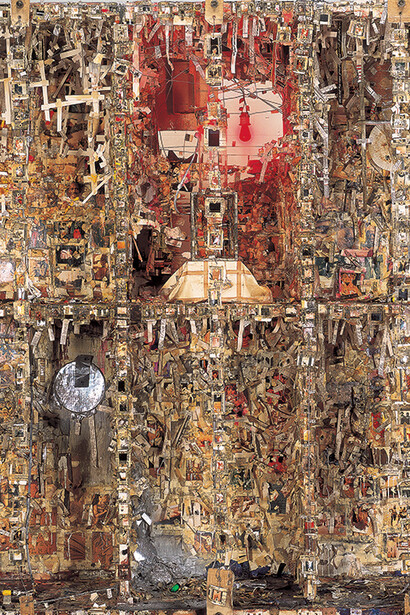 Shinro Ohtake, Retina (New Tong of Tangier I), 1992 - 93, Fly, plastic fly, oil, oil varnish, oil stick, wood glue, persimmon tannin, plastic resin, felt-tip pen, spray paint, putty, photograph, printed matter, cardboard, thin paper, paper, plastic sheet, cotton cloth, cotton thread, hemp cloth, wire, iron, plastic pipe, brass rivet, brass grommet, Japanese paper book, nail, leather, bulb, socket, electric wire, wooden box, iron board, balsa, can, wood, wooden block, wooden shelf, 216 x 212 x 82 cm, Courtesy of the artist and Take Ninagawa, Tokyo