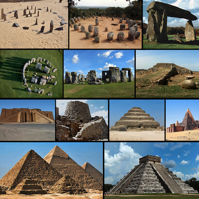 Some very ancient monuments and temples, as megalithic cromlech and dolmens, ziggurats, nuraghes, and pyramids (the last two ones are well known Egyptian and Mayan examples). Archaeologists think that they were built with the aim to get in touch with the sky and the gods. Moreover, it is possible that most of them were also suitable for sky observations.