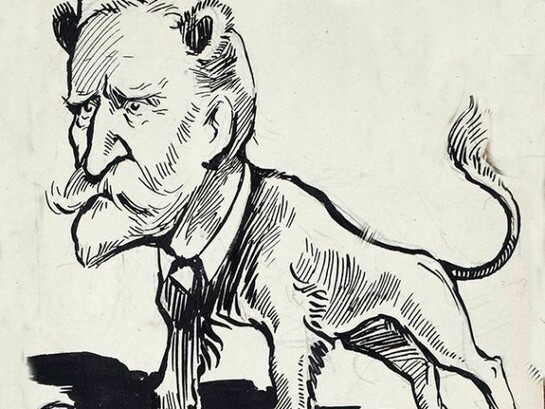 Original pen and ink cartoon of William Martin Murphy by Frank Reynolds, with a bone inscribed "Art Gallery"