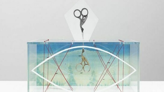 Damián Ortega, How to make illusions, 2013,
Scissors, print, thread, cardboard and Plexiglas vitrine, 15 x 30 x 15 cm, © Damián Ortega, Photo: Ben Westoby, Courtesy White Cube