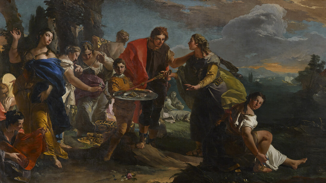 Giambattista Tiepolo, Ulisse scopre Achille tra le figlie di Licomede, 1724-1725, olio su tela, 245 x 520 cm
Collezione Rome Cavalieri, foto Manusardi
