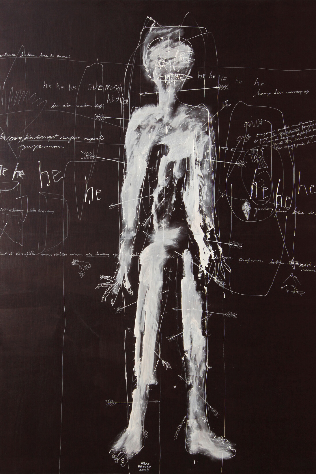 Gatot Pujiarto (b.1970), Manusia Anti Karat, Untouchable man 不可捉摸之人, 2008 Acrylic, textile, canvas  布面丙烯、紡織品 200 x 150 cm (78 3_5 x 59 in.)