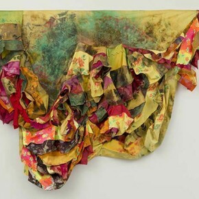 Ann Shostrom, “Fandango” 2014 62” x 82”, fabrics, dyes, wax, thread