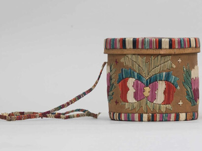 An ancestor from one of Michigan’s Odawa communities made this quillwork box, ca. 1890-1910, for sale to tourists. Such baskets were, and still are, created for utilitarian use. Courtesy of Field Museum