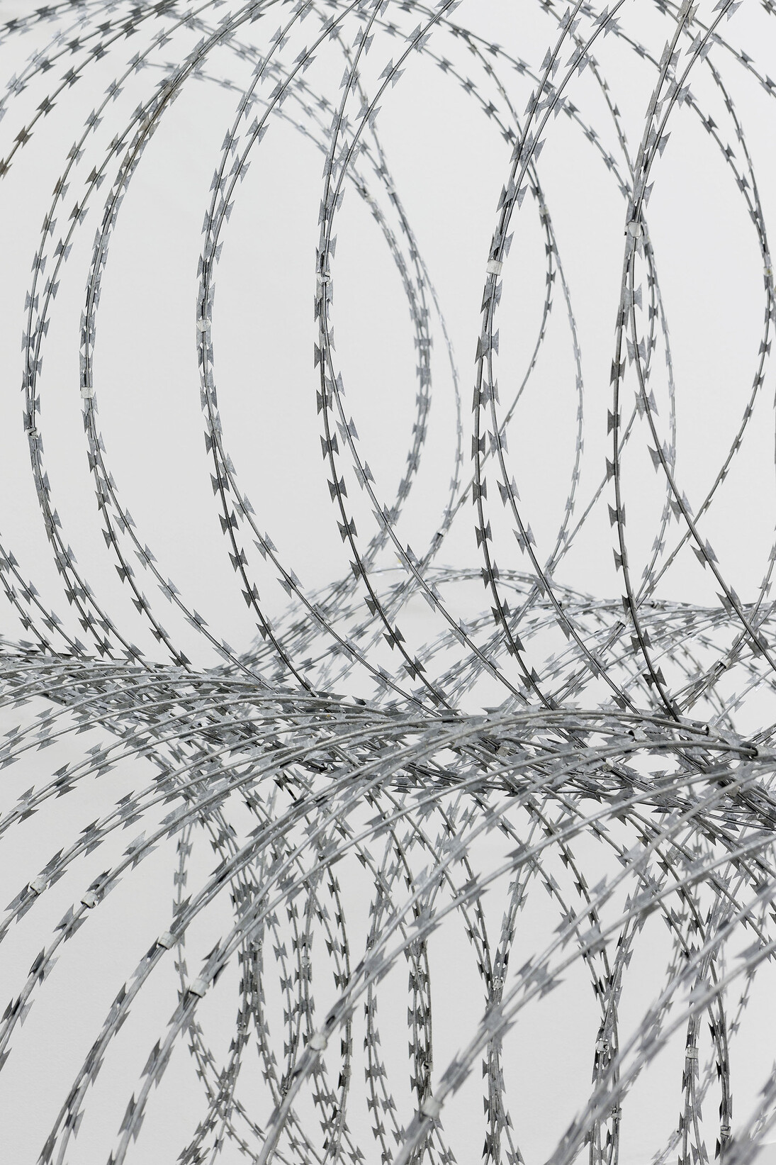 View of the exhibition Gianni Motti “Draft” Galerie Perrotin Paris from October 22 to December 19, 2015. “Draft”, 2015, razor barbed wire, Photo: Claire Dorn, Courtesy Galerie Perrotin
