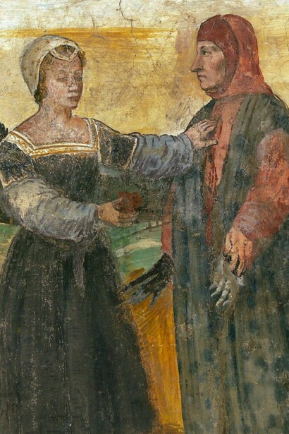 El poeta Francesco Petrarca y su eterna musa Laura. Aunque su obra posterior fue vigilada e incluida parcialmente en el Índice de libros prohibidos por la Iglesia debido a sus críticas al papado de Aviñón, esta unión poética consolidó a Petrarca como el indiscutible padre del humanismo y el renovador del latín clásico