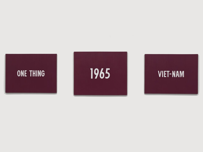 On Kawara, Title, 1965, Acrylic on canvas, triptych, Left panel: 46 3/8 x 61 3/8 inches (117.8 x 155.9 cm); center panel: 51 1/4 x 62 3/4 inches (130.2 x 159.4 cm); right panel: 46 1/4 x 61 3/8 inches (117.5 x 155.9 cm), National Gallery of Art, Washington D.C., Patrons’ Permanent Fund