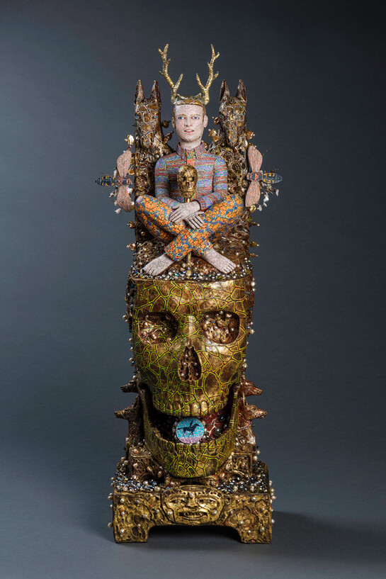 Hern the Hunter V, 2016. Richard Cleaver (born 1952). Hand-built ceramic, wood, freshwater pearls, quartz, Swarovski crystals, metal, and gold leaf, painted in oil, 27 1/2 x 10 x 10 inches. Courtesy of the artist. Photograph by Dan Meyers. © Richard Cleaver.