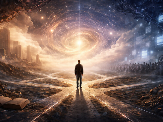 A solitary figure stands at the crossroads of modernity, choosing autonomy amid systems that demand obedience