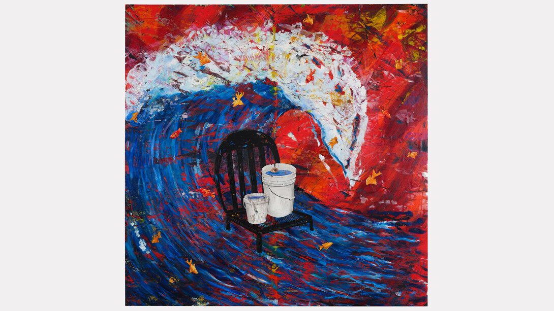 Angel Otero, Fishing Poems, 2023. Oil paint and fabric collaged on canvas, 95 x 95 inches (241.3 x 241.3 cm)
96 1/2 x 96 1/2 inches (245.1 x 245.1 cm) framed. © Angel Otero; Photo by Argenis Apolinario; Courtesy the artist and Vito Schnabel Gallery