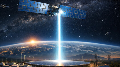 A futuristic space-based solar power satellite transmits continuous clean energy from orbit to a ground receiving station on Earth