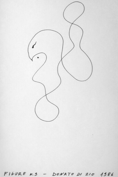 Donato Di Zio: _Figure n. 9_, 1986; Blauer Stift auf Papier, 22 x 13,4 cm.  
