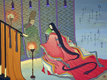 Agameishi, By the Purifying Wind, 600 Scenes of Genji, Scene 234, Acrylic & Gouache on Paper over Wood, 35.5" x 47"