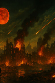 A once-thriving city now burns under a blood-red moon, its ruins swallowed by fire and falling stars—a silent witness to the end written in ash and sky