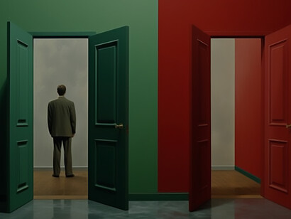 Entering through the green door, the person leaves the vibrant red door closed behind them, setting the scene for a narrative of exploration or mystery