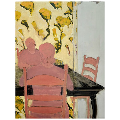 David Konigsberg, Two at a Table, 2023, oil on canvas and panel diptych, 48x37 inches. Courtesy of the artist and Carrie Haddad Gallery