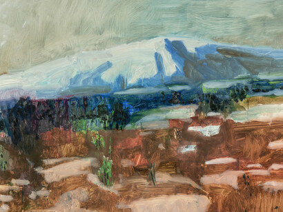 Mary Vernon, Snow Melt (details), 2023, Oil on Yupo, 26 × 40 in. Courtesy of Valley House Gallery and Sculpture Garden