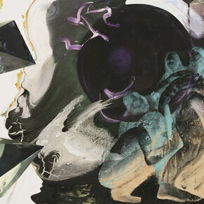 Ardomancy, 2022-23, acrylic paint and generatively produced image reverse-transferred into acrylic polymer on wood and aluminum composite. Courtesy of the artist and Petzel Gallery