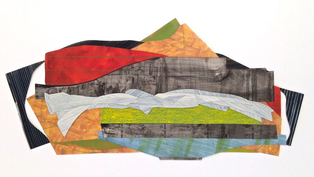 Cantilevered #37 - Teetering, 2017, oils on Mylar, 12x25 inches