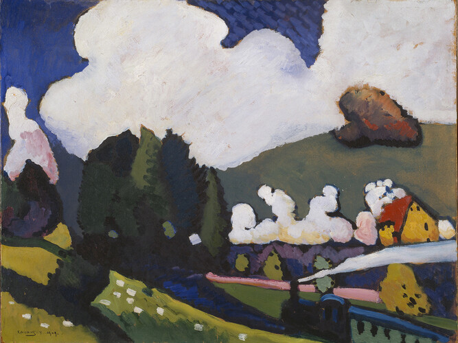 Landscape near Murnau with Locomotive (Landschaft bei Murnau mit Lokomotive), 1909, Oil on board, 50.5 x 65.1 cm, Solomon R. Guggenheim Museum, New York 50.1295 © 2014 Artists Rights Society (ARS), New York/ADAGP, Paris