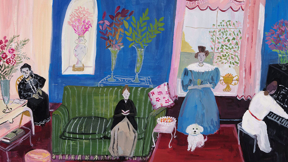 Maira Kalman, Room with piano and dog, 2023. Courtesy of Mary Ryan Gallery 