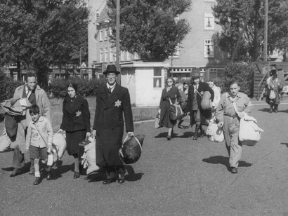 A Jewish family in the sports complex of the Olympiaplein in Amsterdam, awaiting deportation to Westerbork Nazi concentration camp in north Holland