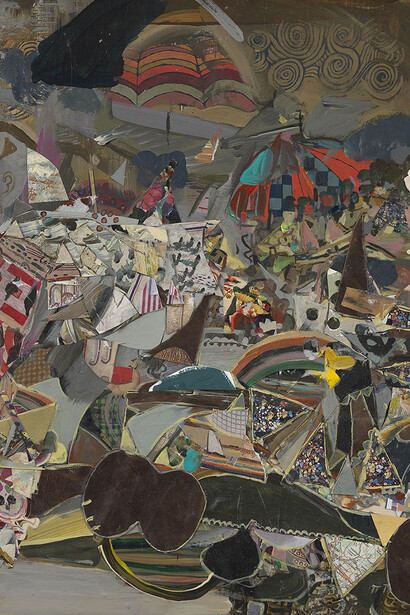 Katy Moran, Joe’s in Town , 2012, Acrylic, paper, leather and collage on board, 55.2 x 87.6 cm / 21 3/4 x 34 1/2 in, Collection Walker Art Center, Minneapolis
Justin Smith Purchase Fund, 2013 (detail)