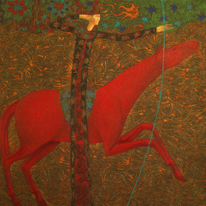 Timur D'Vatz, Archer on the Red Horse, 85x85 cm, oil on canvas, 2022, Normandy. Courtesy of Andakulova Gallery