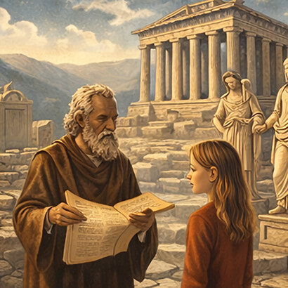 A young reader explores ancient Greek philosophy among classical ruins, reflecting on early ideas about reason, ethics, and the search for meaning that still shape human thought today