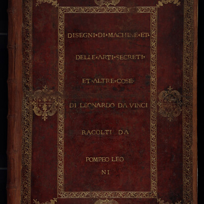 Pompeo Leoni, antica custodia del Codice Atlantico, dettaglio, pelle, legno e impressioni oro - 66,3 x 48,6 x 9,8 cm