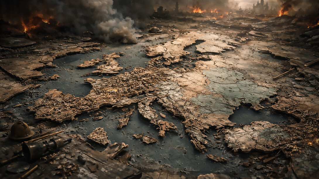 A fractured map of Europe lies amid smoke and ruins, evoking a continent grappling with fragmentation, memory, and the looming shadow of conflict