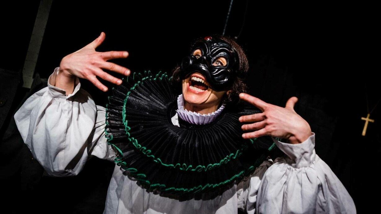 Arlecchino Mask from Commedia dell’Arte tradition utilised in the devised solo show Don’t You Dare! (2019) Photo by Riccardo Sai
