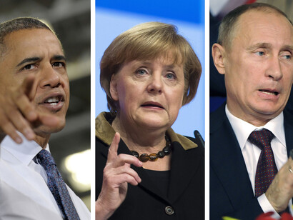 Barack Obama, Angela Merkel and Vladimir Putin