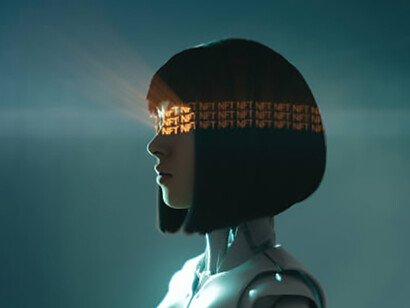 A neon-lit "data" display hovers in front of the cyborg girl, reflecting in her cybernetic eyes as she scans the digital stream