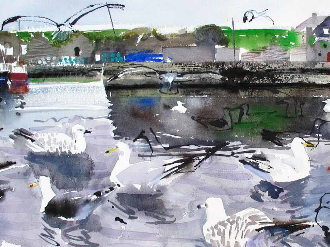 John Short, Birds in Slade Harbour, ink and watercolour, 100x35cm. Courtesy of Solomon Fine Art