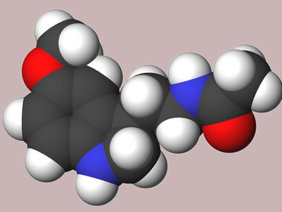 La melatonina está presente en todo nuestro cuerpo y sus propiedades son múltiples. Modelo de relleno espacial de la molécula de melatonina. Carbono, C: negro. Hidrógeno, H: blanco. Oxígeno, O: rojo. Nitrógeno, N: azul