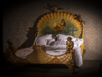 Bed, after 1860, painted, gilt and carved wood, Ville de Neuilly-sur-Seine. Photo: Jan-Kees Steenman