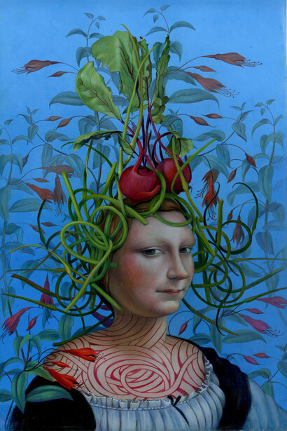 "Kohlrabbi & Garlic Scapes" by Jennifer Knaus - egg tempera on panel
