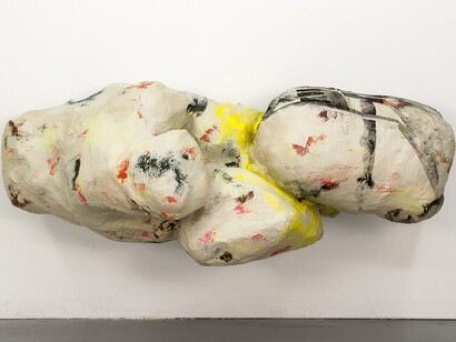 Rachael Gorchov, The Grassy Mezzanine is Behind Me, Acrylic on handmade paper mache clay, chicken wire and burlap, 15 x 45 x 19, 2014
