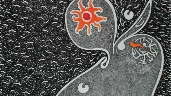 Donato Di Zio: Pelagocentottantasei, 2010, Mischtechnik auf Papier, 35 x 35 cm; Collezione Gillo Dorfles.