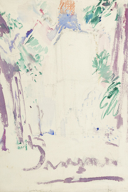 John Marin, American (Rutherford, New Jersey, 1870 – 1953, Cape Split, Maine), Woolworth Building Under Construction, 1912, watercolor and graphite on textured watercolor paper, 19 5/8 x 15 3/8 in., Arkansas Arts Center Foundation Collection: Gift of Norma B. Marin. 