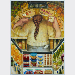 Erin Milez, The Conductor, 2023. Oil, acrylic, and flashe on canvas, 55 by 40 inches. Courtesy of Monya Rowe Gallery