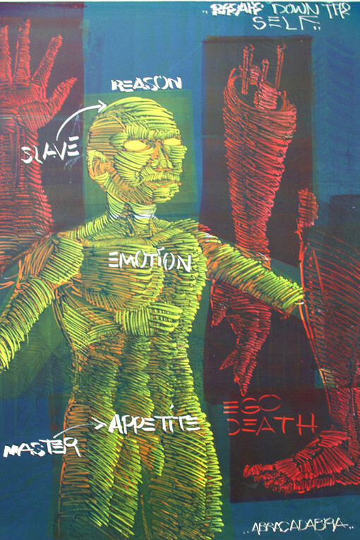 Mear One, “Abracadabra” 2004, Oil Based Ink on Arches Rives Paper, Monotype, 30″ x 44″