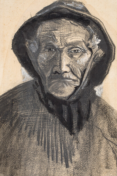 Vincent van Gogh, Testa di pescatore con cappello di tela cerata, Matita, gessetto litografico nero, pennello, inchiostro, nero, acquerelli bianco, grigio e rosa, decolorante fissativo attorno al disegno della testa e tracce di quadrettatura su carta per acquerello, cm 42,9 x 25,1, 1883 Kröller-Müller Museum, Otterlo © Kröller-Müller Museum, Otterlo