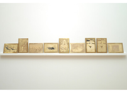 Mario Dellavedova, Morsura in ottone, 2013, etching on brass, 9 plates, each plate 10.5 x 15.5 cm or 15.5 x 10.5 cm, as installed 18 x 130 x 4.5 cm, Courtesy the artist and Sprovieri, London
