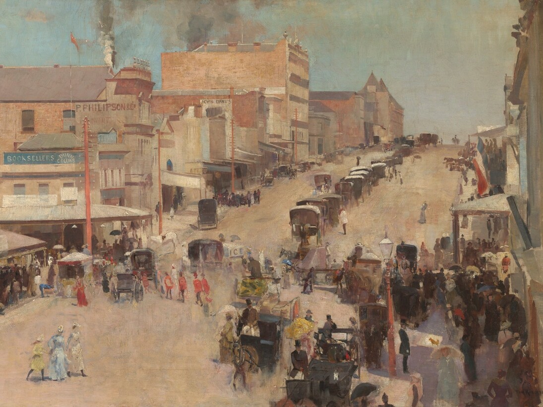 Allegro con brio, Bourke Street West
Tom Roberts, about 1885-6, reworked 1890, Oil on canvas mounted on composition board 51.2 × 76.7 cm. National Gallery of Australia, Canberra and the National Library of Australia, Canberra Purchased 1920 by the Parliamentary Library Committee